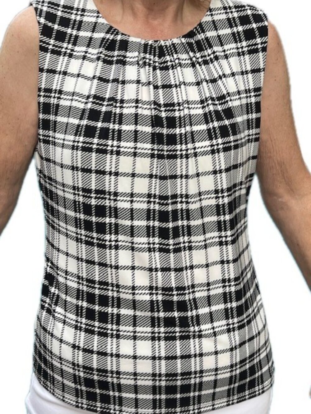 Calvin Klein Size L Black White Plain Sleeveless Pleat Neck Top #2105 EUC